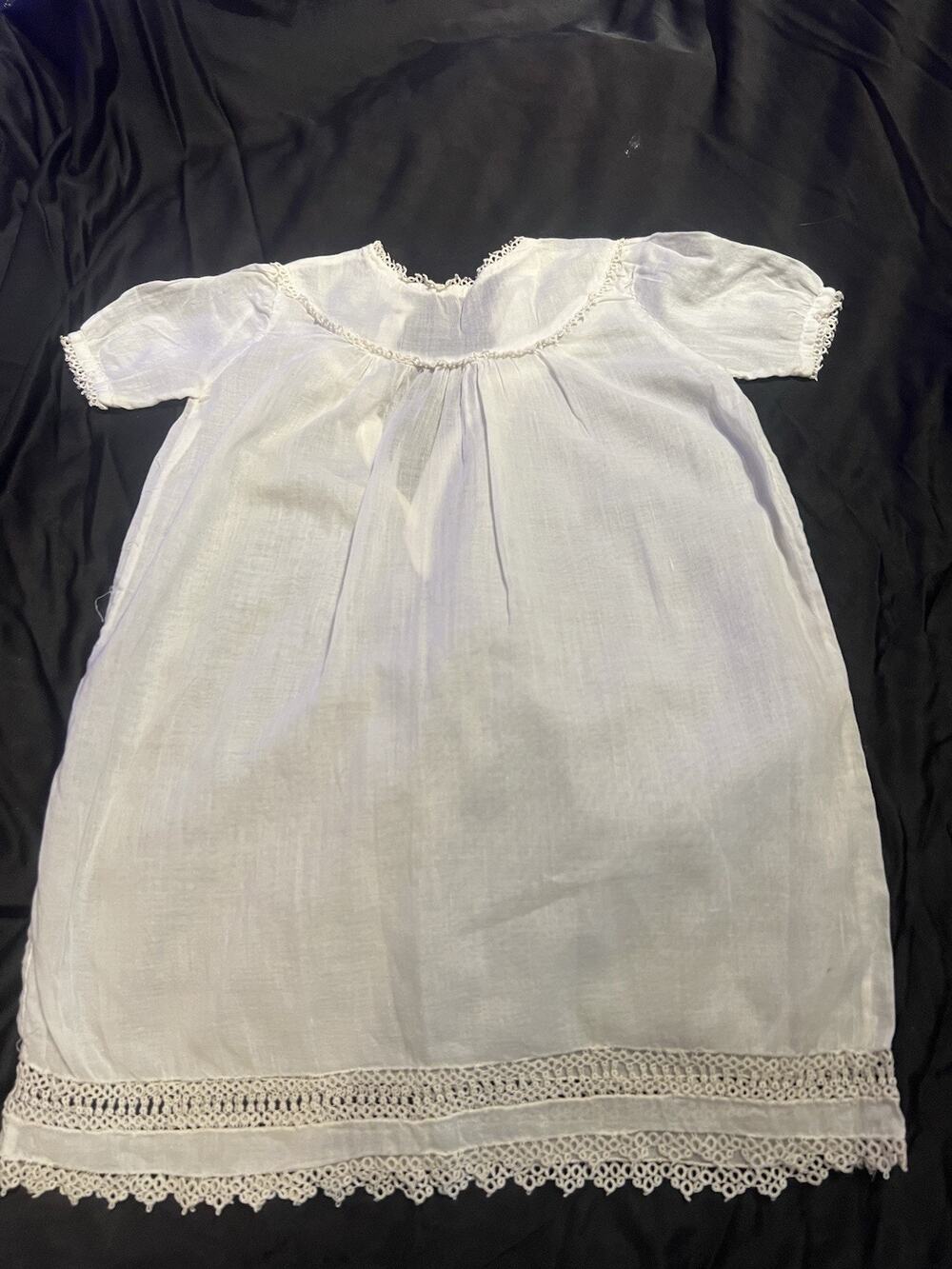 Antique Edwardian Baby Dress 19” White Cotton Linen Dress Mother-Of-Pearl Button